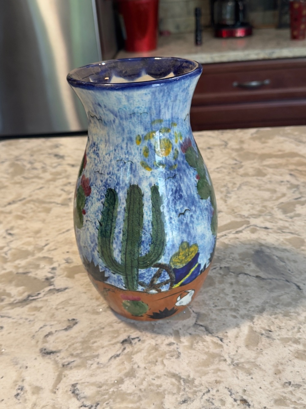 Hand-Painted Blue Southwestern Ceramic Vase from Mexico